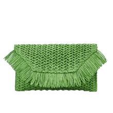 Load image into Gallery viewer, Vacay Green Fringe Trim Flap Straw Clutch
