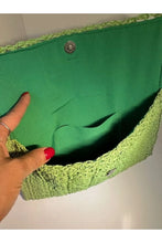 Load image into Gallery viewer, Vacay Green Fringe Trim Flap Straw Clutch
